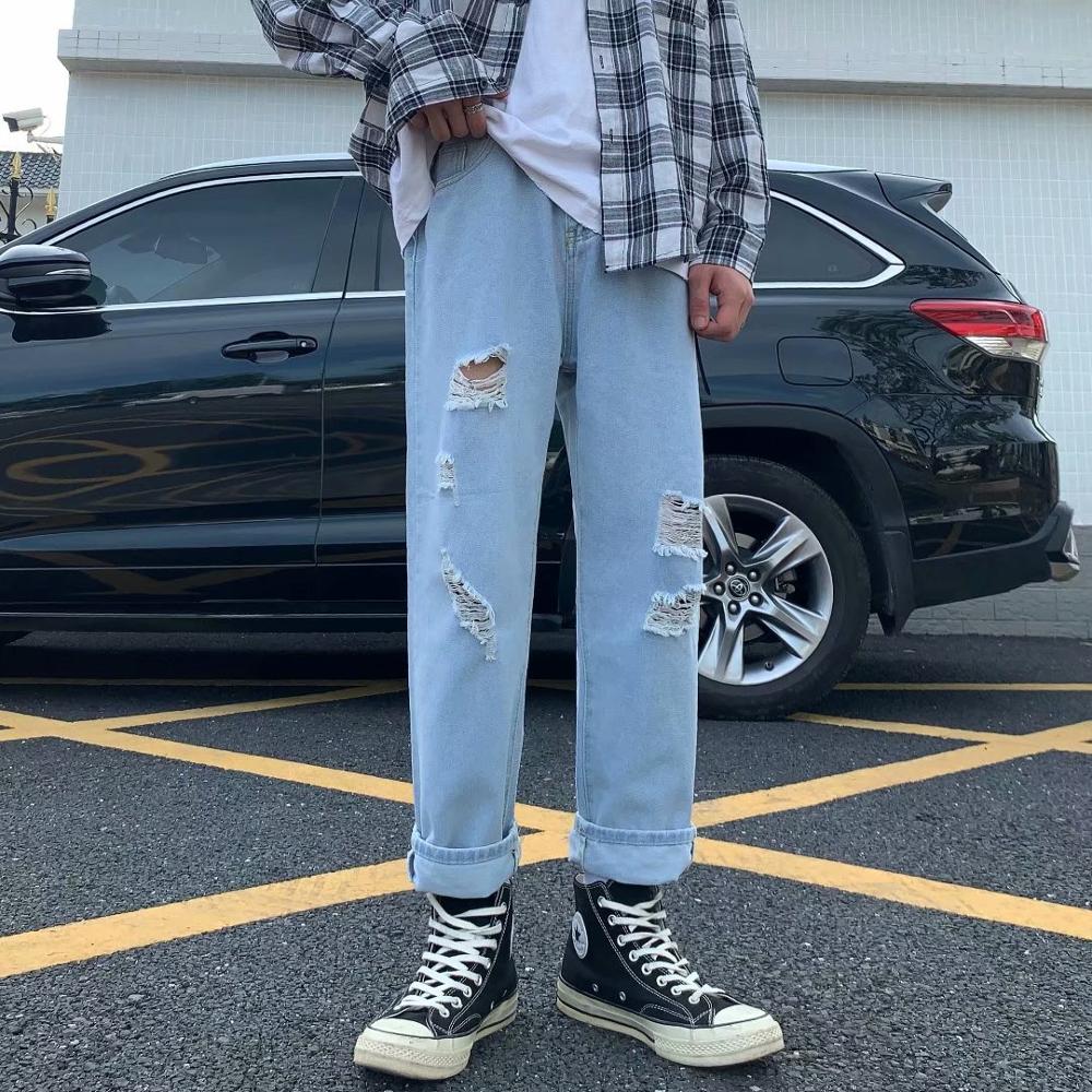BXyichen pantalones vaqueros rasgados de tobillo para hombre estilo Regular recto estilo coreano de de pierna ancha azul claro pantalones largos