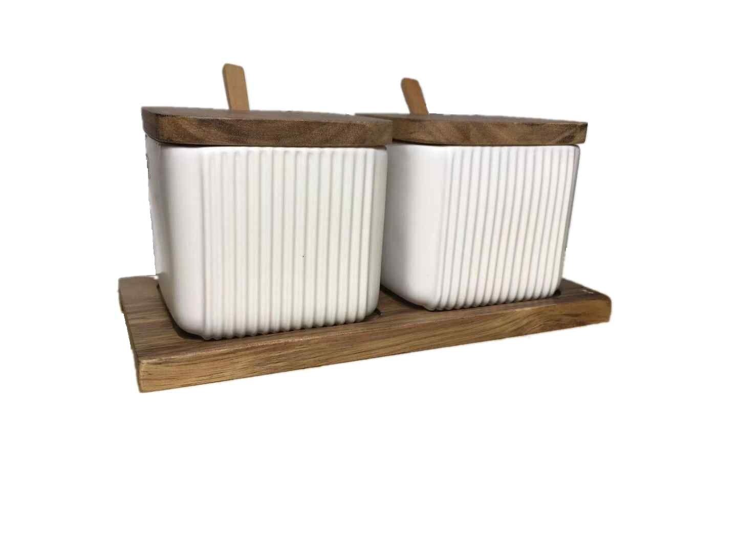 Ceramic Jars with Bamboo Lid Kitchen Cereal Dispenser Multi-function Heat Resistant Spices Containers Bottles with Tray: White-2pcs