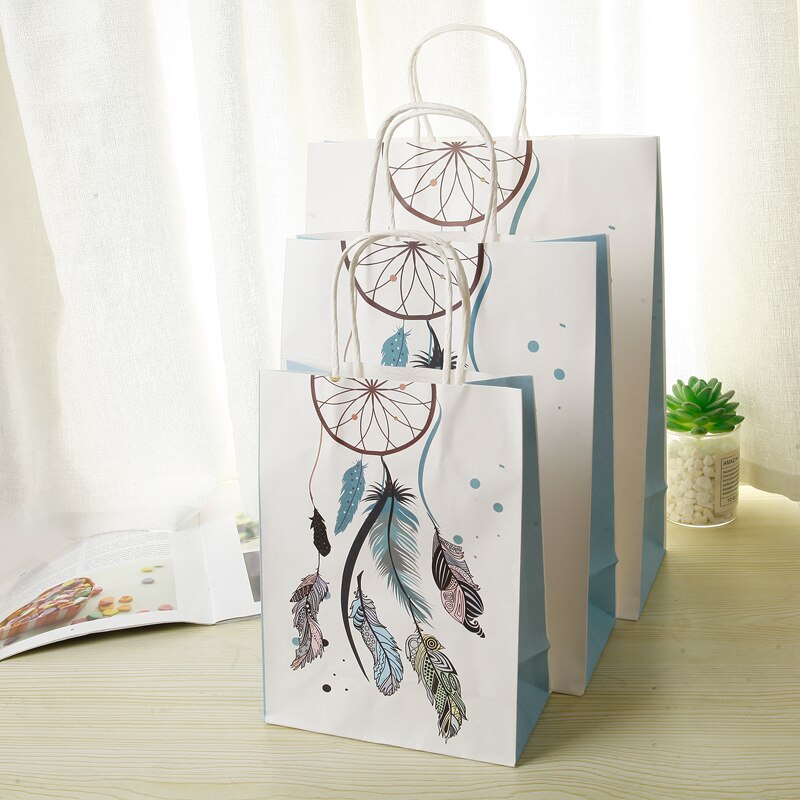 10Pcs Dromerige Kraft Papieren Zakken Met Handvat Dream Catcher Papieren Zakken Nieuwjaar Wedding Party Gunst Deco Pakket 22x16cm: Blauw