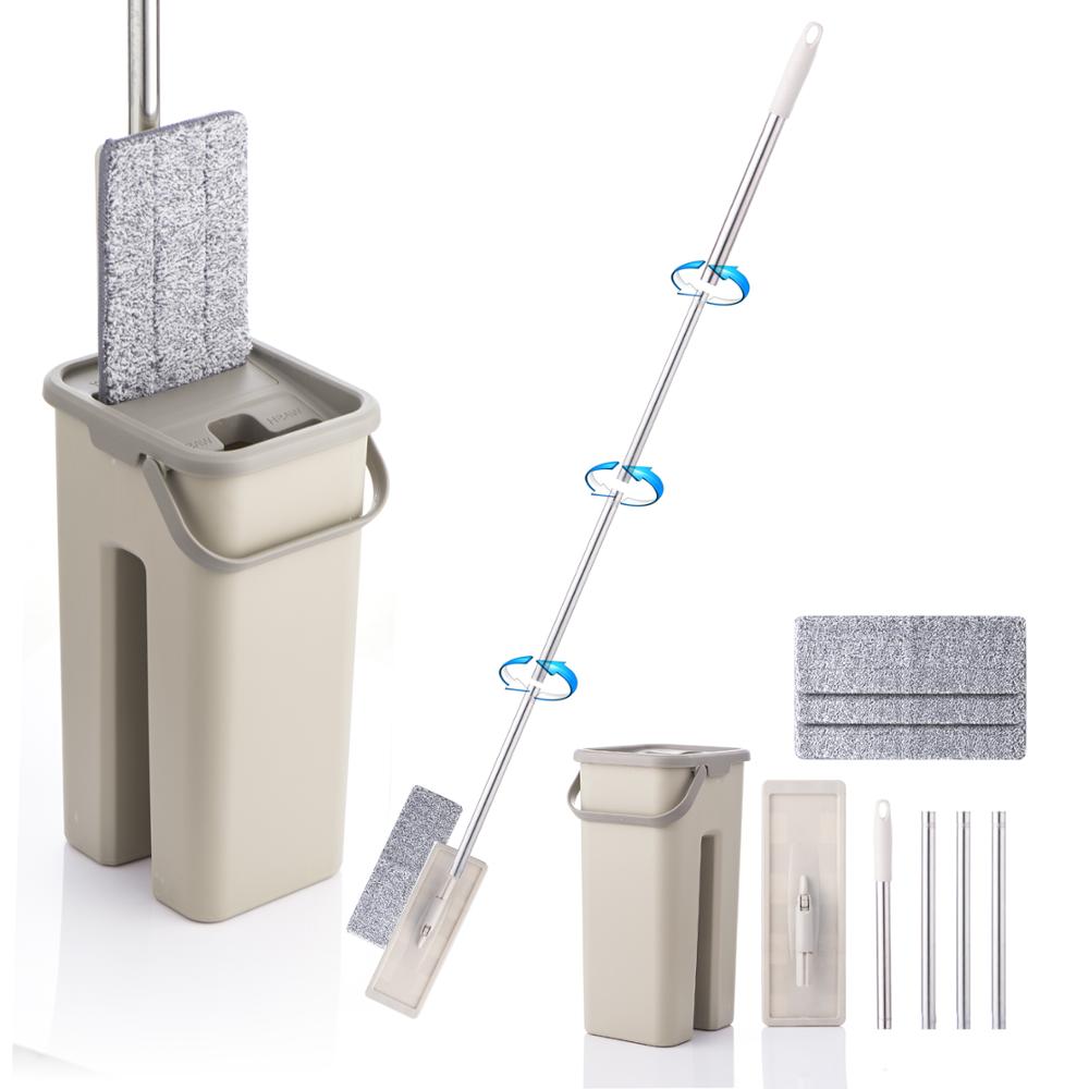 Seau plat de vadrouille de rotation paresseux de compression avec des tampons de microfibre lavage à la main auto-extrusion magique libre pour le nettoyage de plancher de cuisine