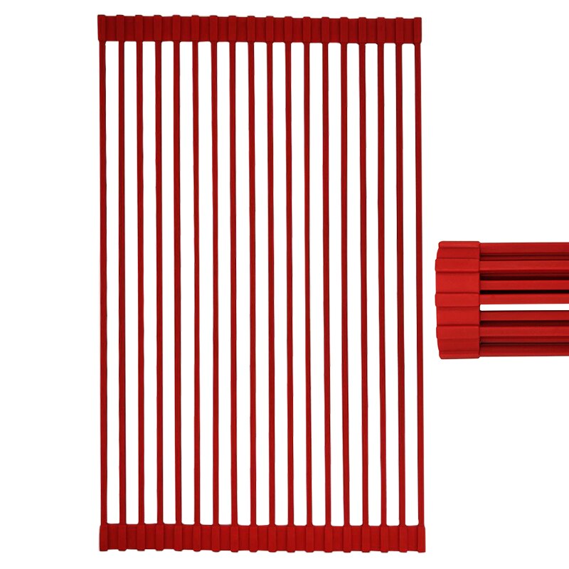 Dishwasher Safe Food Defrost Silicone Coated Foldable Roll Up Stainless Steel Dish Drying Rack: Red