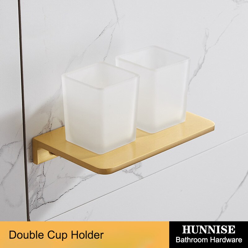 Bathroom Hardware Set Square Brushed Gold Bath Hardware Set Stainless Steel Towel Rack Paper Holder Gold Hardware Sets: double-cup-holder