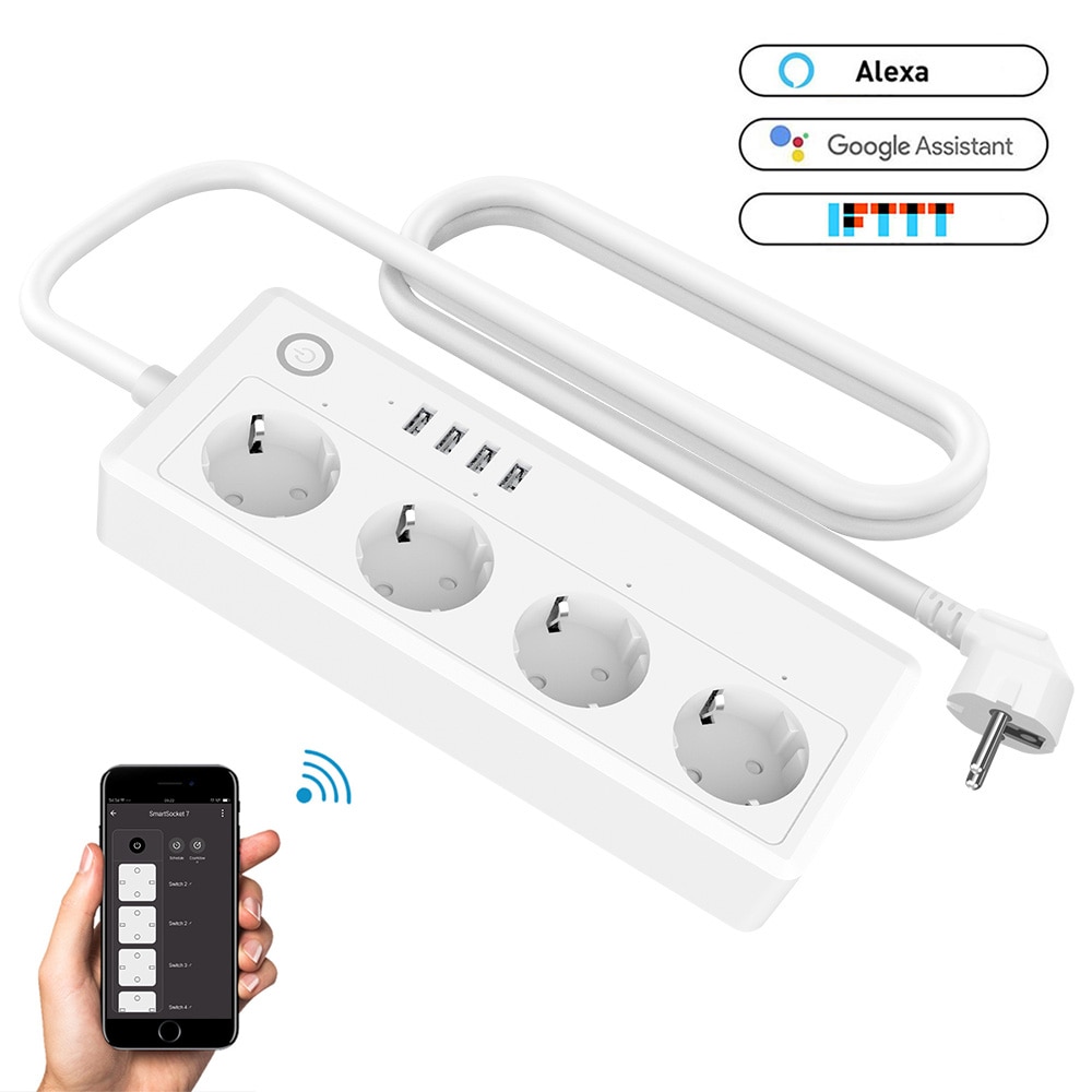 4 Outlets Plug Socket Wifi Smart Power Strip with USB 4 Charging Port,App Voice Control Work with Alexa Google Home Assistant