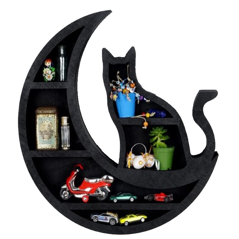 Cat On The Moon Crystal Wooden Shelf Cat Crystal Essential Oil Display Wall Organizer Living Room Rack Home Room Storage Decor: E