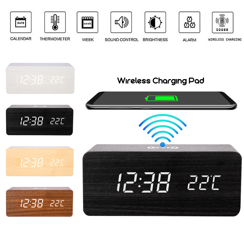 Holz Wecker Mit Qi kabellos aufladen Pad Kompatibel Mit Für Iphone Samsung Holz LED Digital Uhr Klang Kontrolle Funct