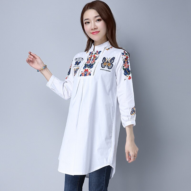 primavera mariposas Casual Camisa blanca suelta Vintage Ethnic camisas Tops blanco algodón bordado blusa Blusas Largas