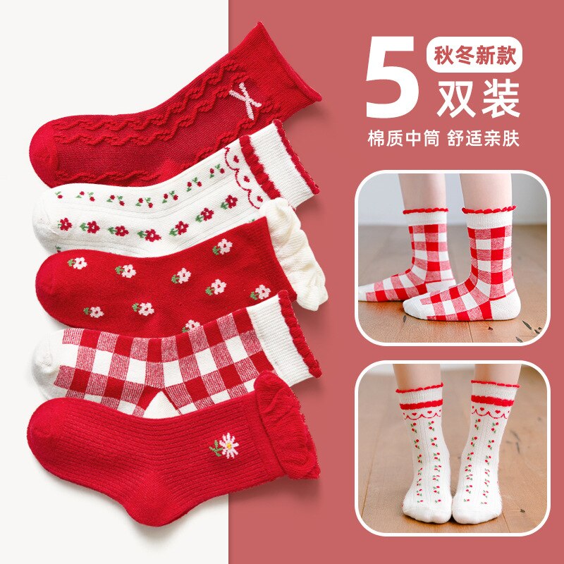 Calzini per bambini calze a forma di fiocco con motivo a fiori calze di pizzo rosse calze per studentesse stivali per neonati Kinder Socken