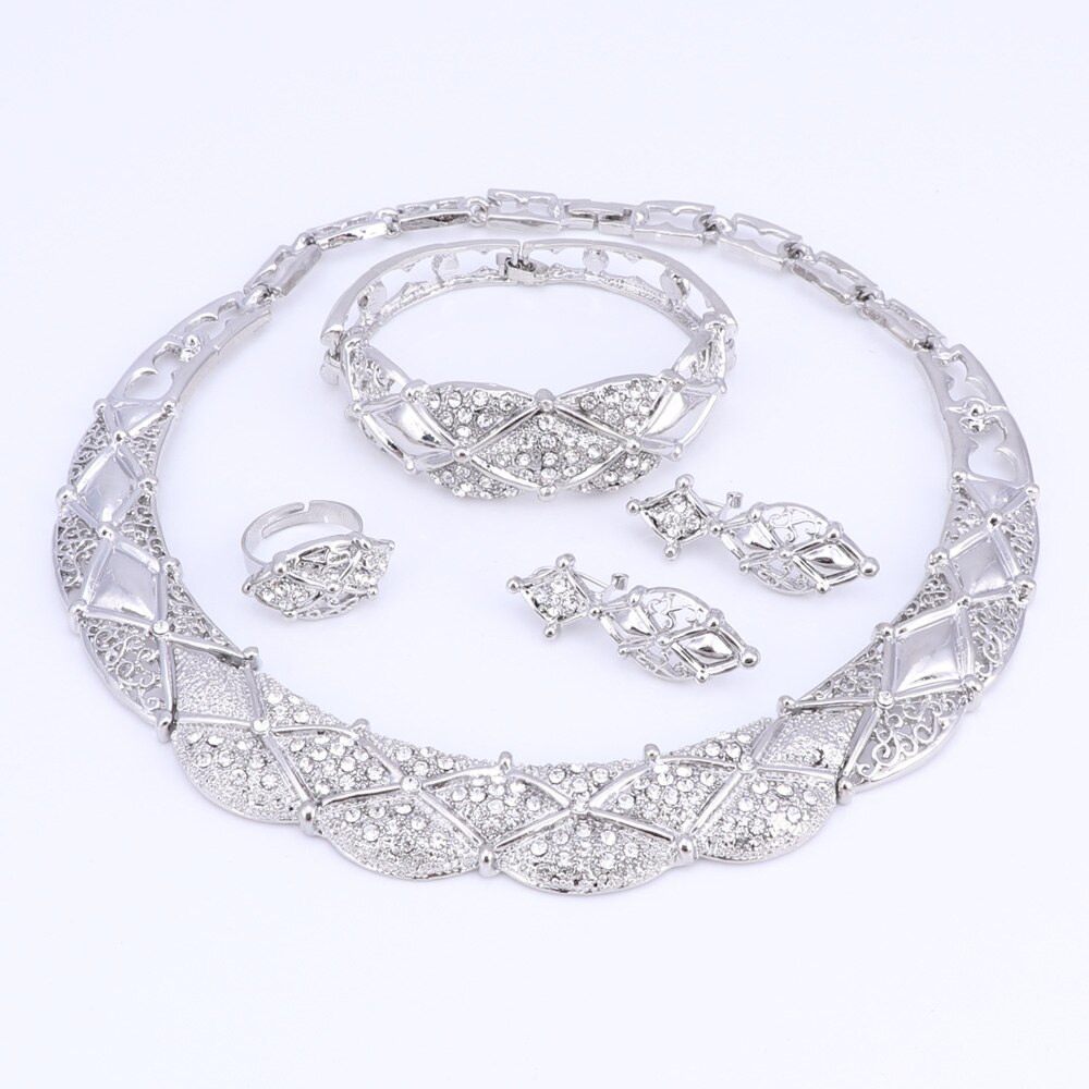 Collier de mariée en cristal boucles d'oreilles Bracelet perles africaines ensembles de bijoux pour les femmes couleur or accessoires de mariage: silver