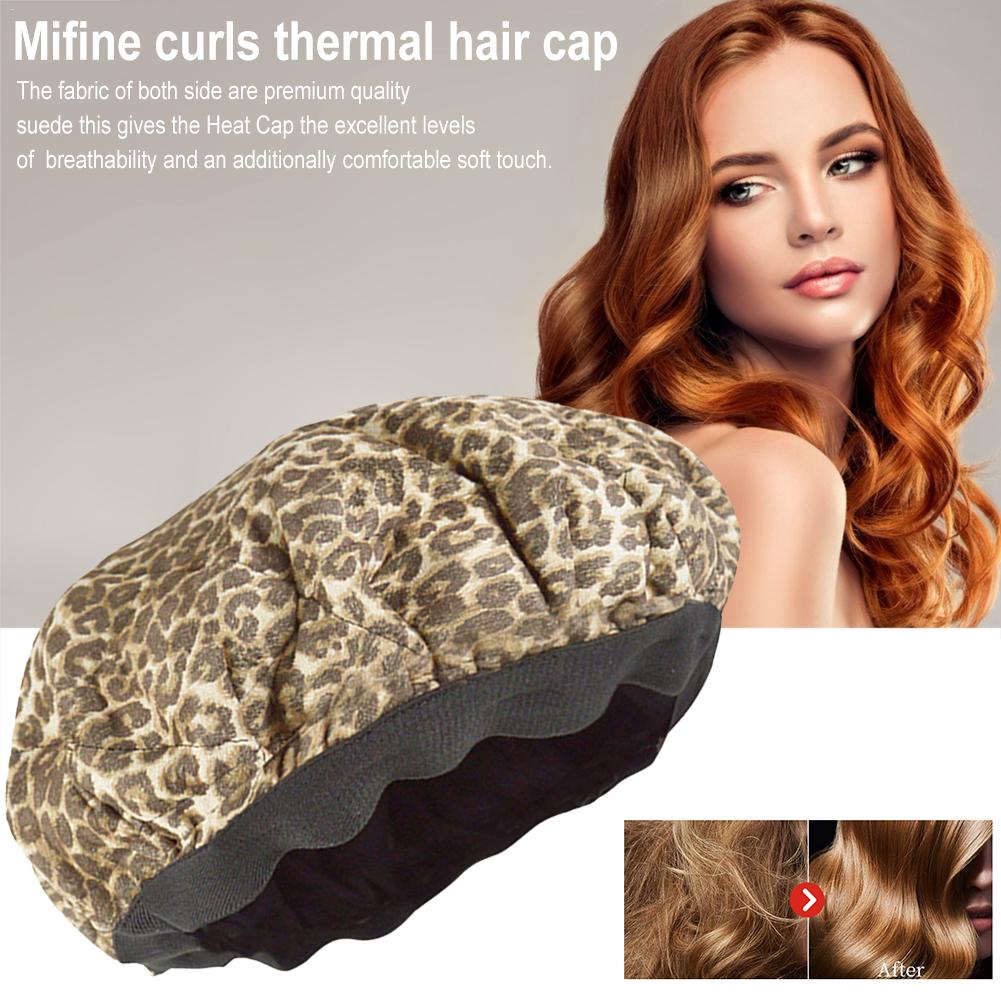 Profundo acondicionado elástico viaje cuidado del cabello tapa de calor leopardo estampado vapor Flaxseed Interior Reversible Microwavable reutilizable 4p