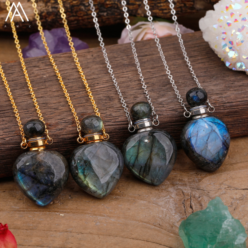 Arco-íris labradorite garrafa de óleo essencial perfume garrafa pingente colar moda feminina coração gem pedra jóias presente dropship