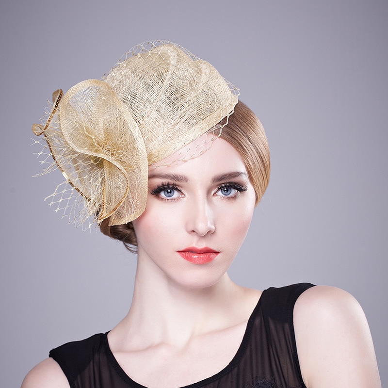 Champagne Gold Big Flower Fascinator Hats Ladies Women Wedding Evening Party Net Caps