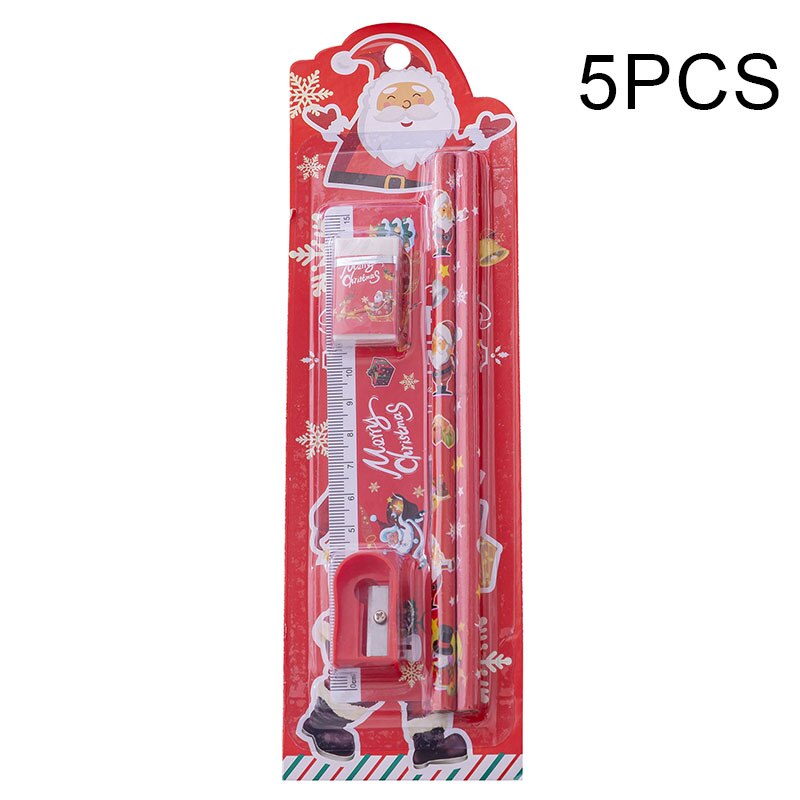 5Pcs/Set Christmas Stationery Set Cartoon Pencil Ruler Eraser Pencil Sharpener Kids Kindergarten Pupil Student School SA: 5 set