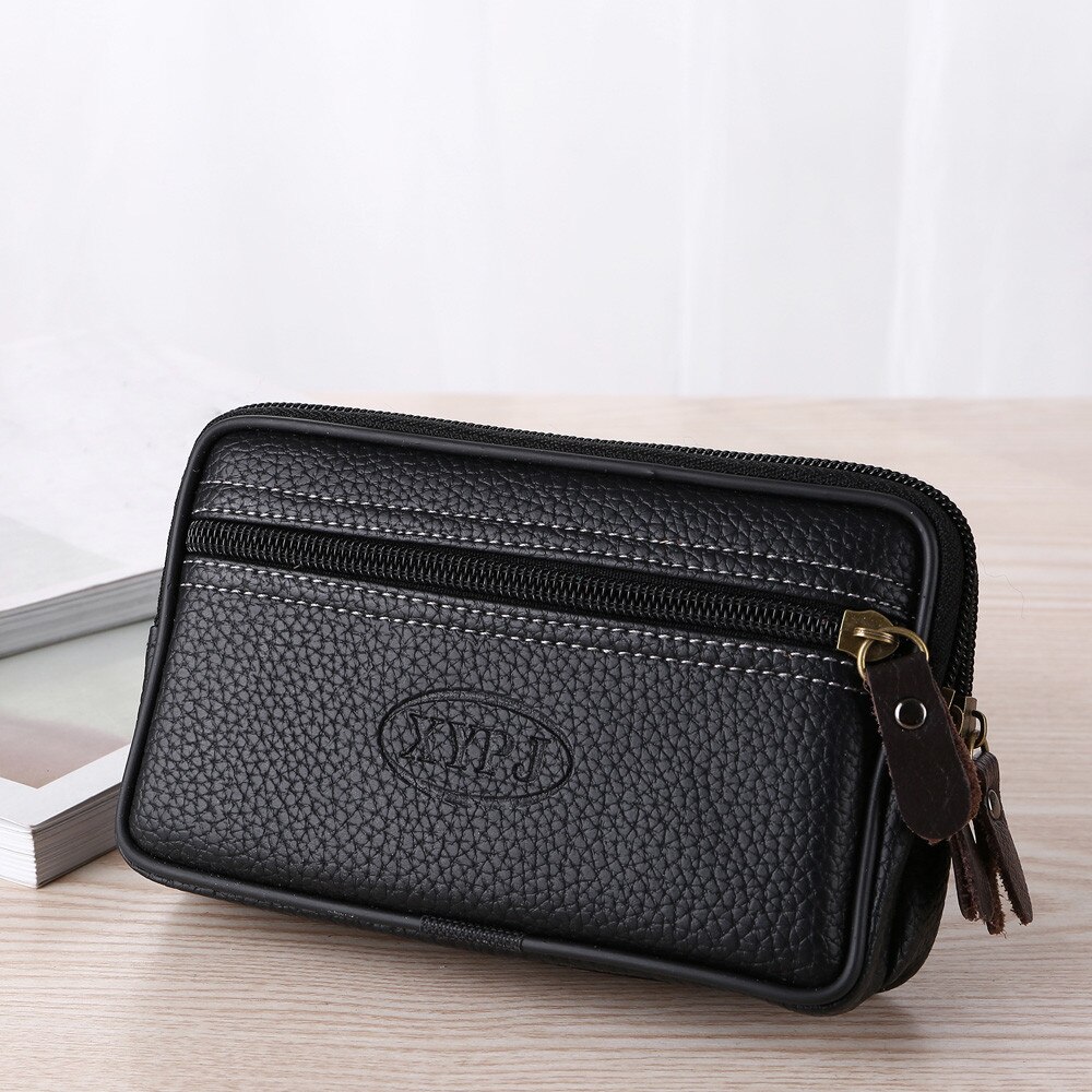 Heren vintage effen leren clutch mobiele telefoon portemonnee zwart
