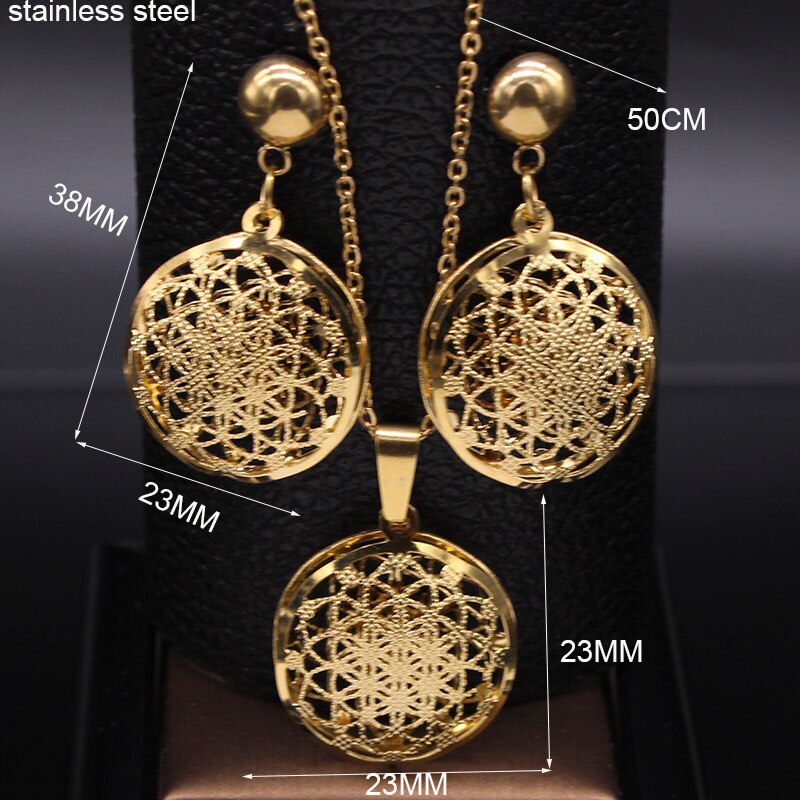 Flower of Life Stainless Steel Jewelry Set Women Hollow Gold Color Necklace Earrings Set Jewelry set acero inoxidable S1341S01