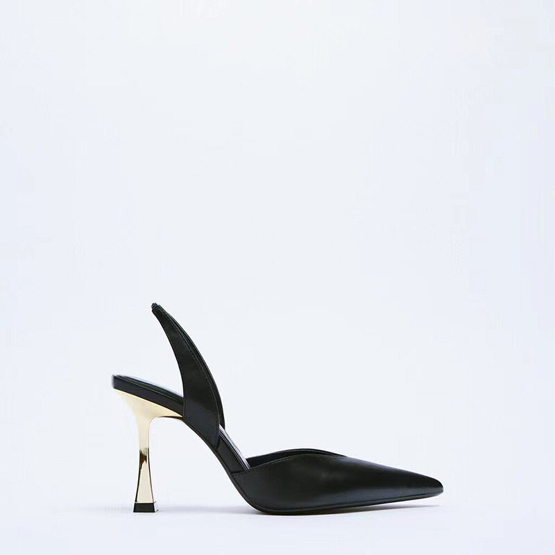 Za-zapatos de tacón alto metalizados para mujer, sandalias sexys de Punta larga con corte en V para , a la , color negro,