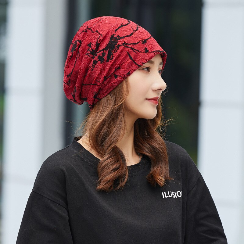 Etnisk stil kvinder strikket hat hættehætte bomuld koreansk stil enkel blonder blomster skullies beanies: Burgunder
