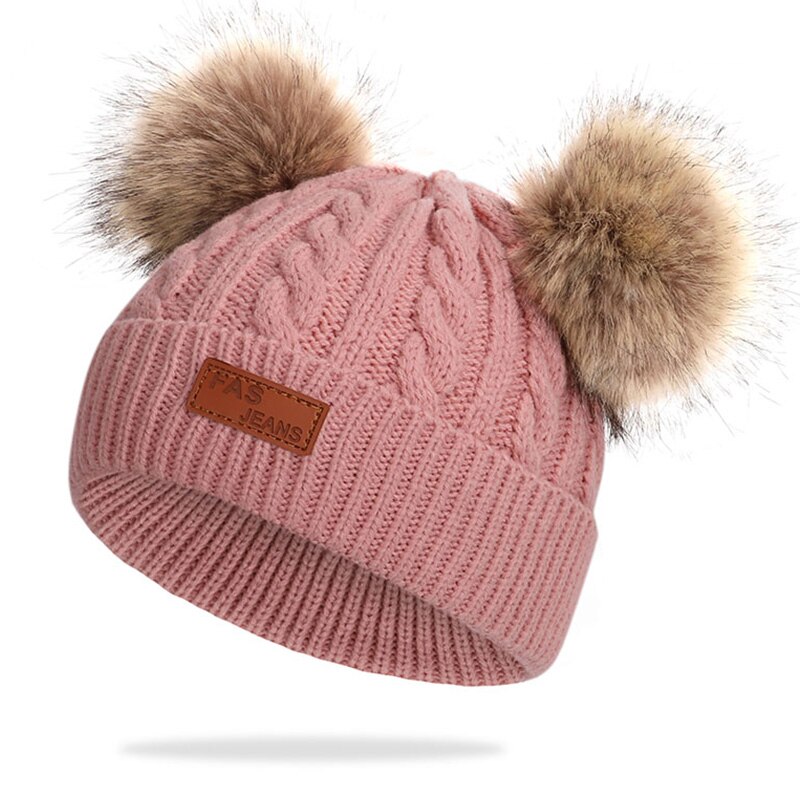 Cute baby child winter cotton hat outdoor leisure hair ball knit hat boy girl label thickening comfortable baby hat: Dark pink