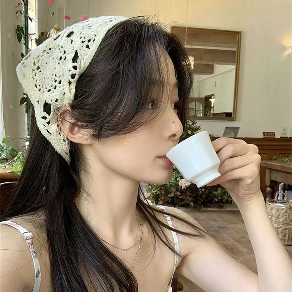 Knitted Headscarf Hat French Pastoral Style Triangle Headband Handmade Crochet Headband Towel Little Flower Headscarf