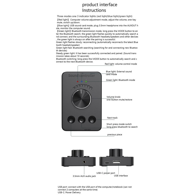 USB Volume Controller, External USB Sound Card, Bluetooth 5.1 Transmitter, Driver-Free (For Windows Xp and Above)