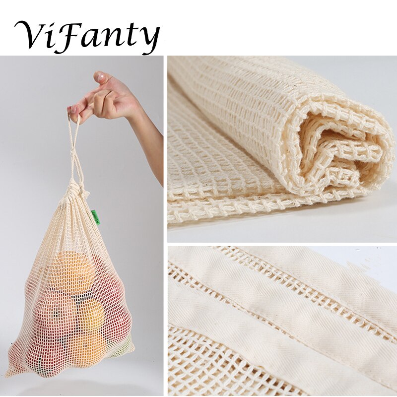 3 Pack Eco Friendly Reusable Produce Bags Net Zero Waste, Organic Cotton Mesh Produce Vegetable Bag Washable with Drawstring