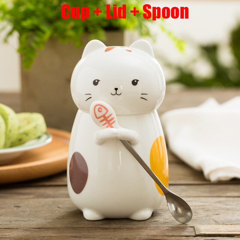 Super Cute Three-dimensional Animal Cat Cute Ceramic Water Cup Couple Large-capacity Mug with Lid Coffee Cup: A