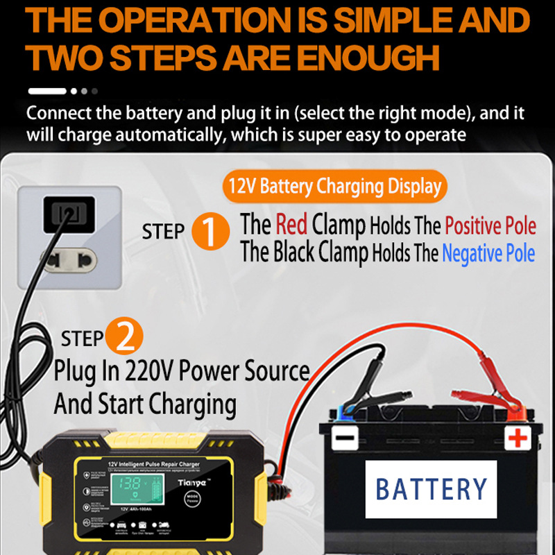 Car Motorcycle Battery Charger 12 V Battery Starting for Auto Moto Lead Acid AGM Gel VRLA Smart Charging Digital LCD Display