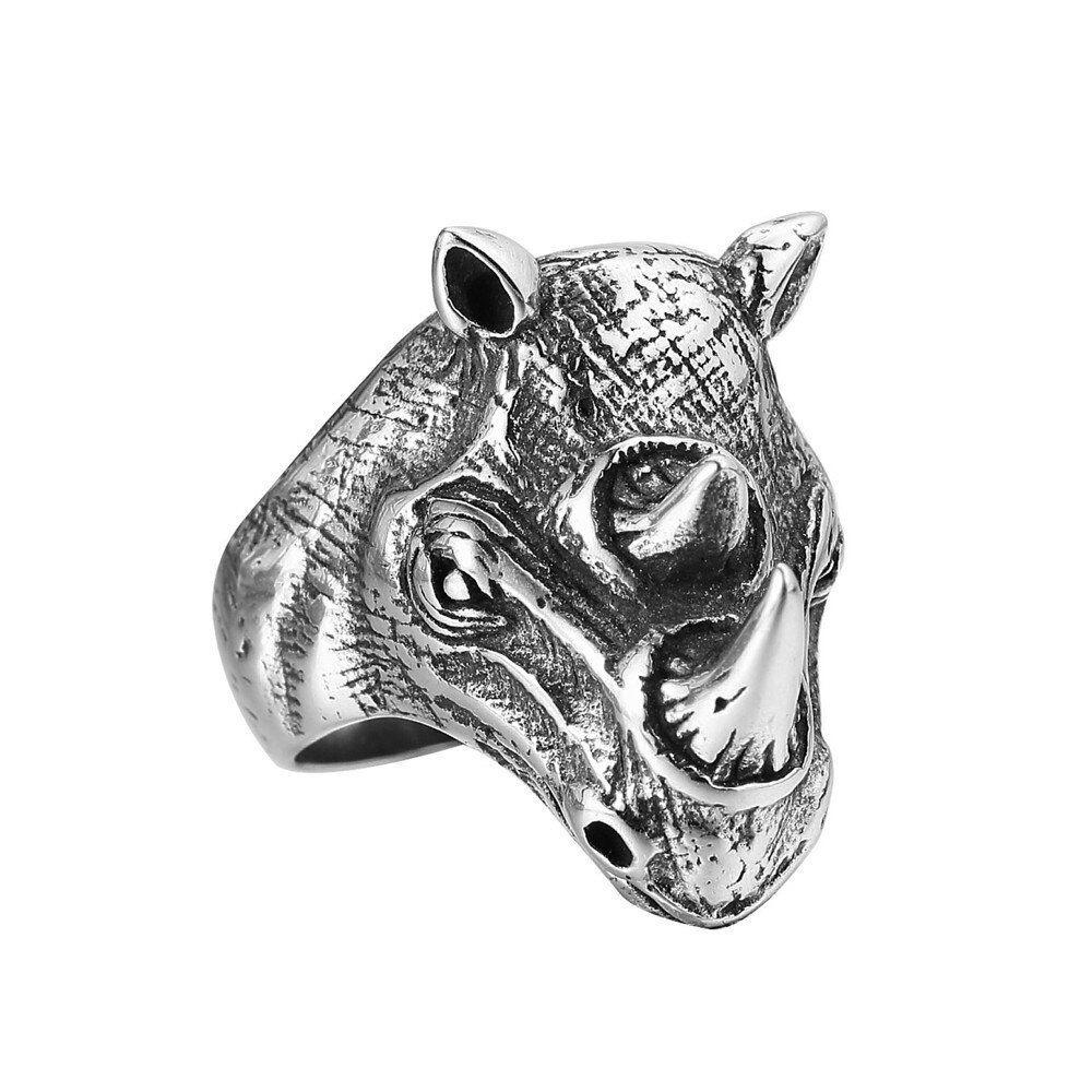 Silver color Male Punk good detail 316L Stainless Steel Animal Rhino Ring Hop Mens 3D Jewelry for man