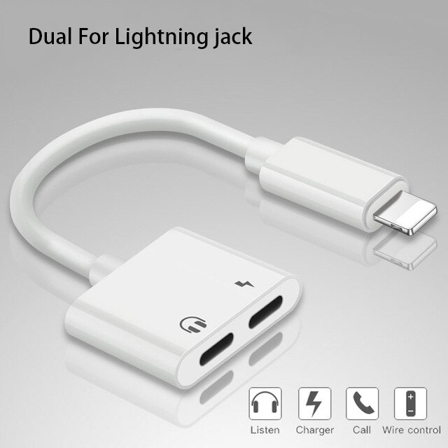 Voor Bliksem Naar 3.5Mm 2 In 1 Koptelefoon Audio Adapter Voor Iphone 7 8 Plus X Xs Charger Cable mobiele Telefoon Aux Dual Jack Splitter: Dual For Lightning