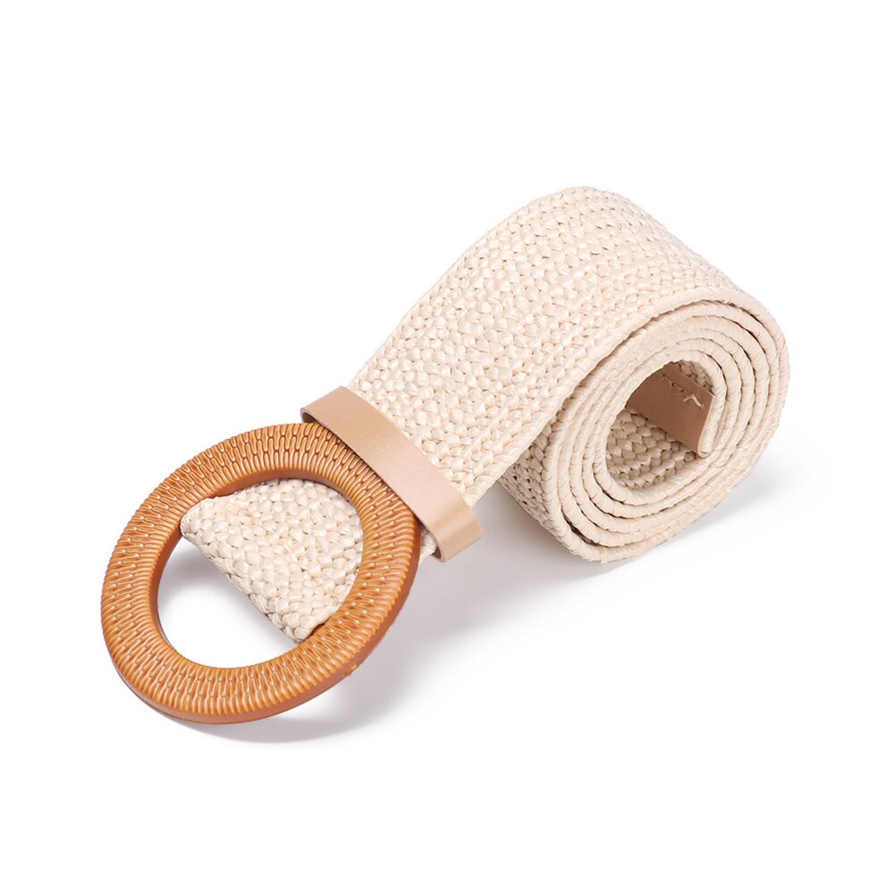 Cinturón de vestir con hebilla de madera redonda para mujer, cinturón elástico de paja, Correa ancha trenzada informal, tejido para niña PP , femenino: A5