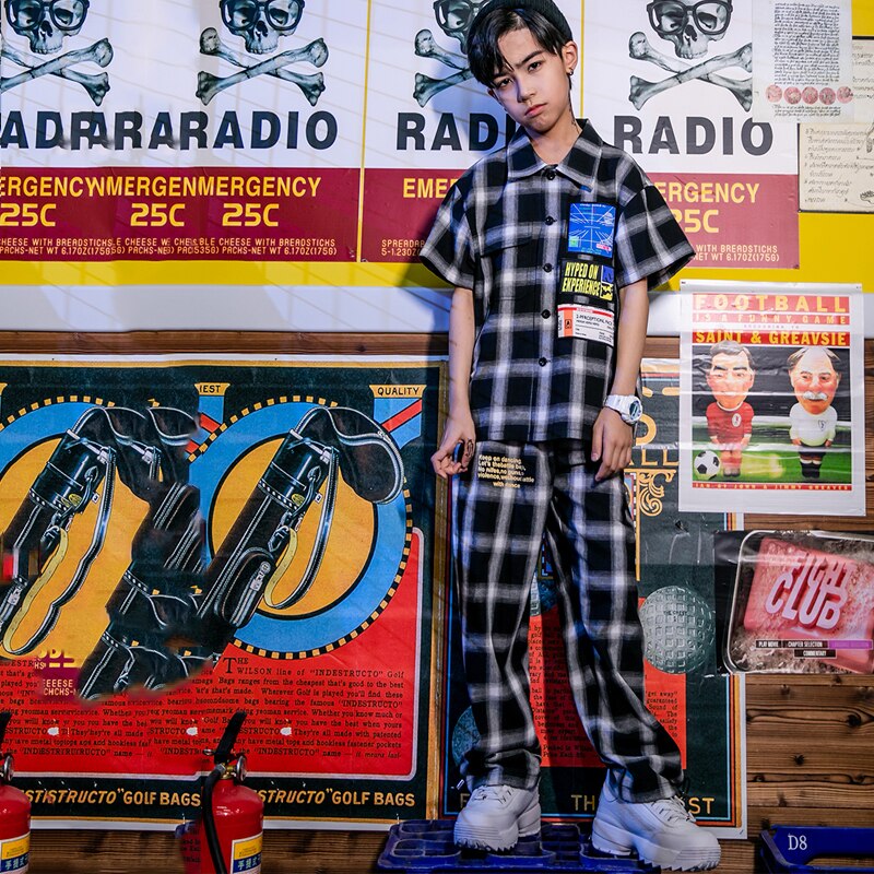 Mode Jazz Dance Kostuum Kids Hip Hop Kleding Meisjes Modern Jazz Stage Performance Slijtage Kinderen Plaid Shirt Broek DQS1462
