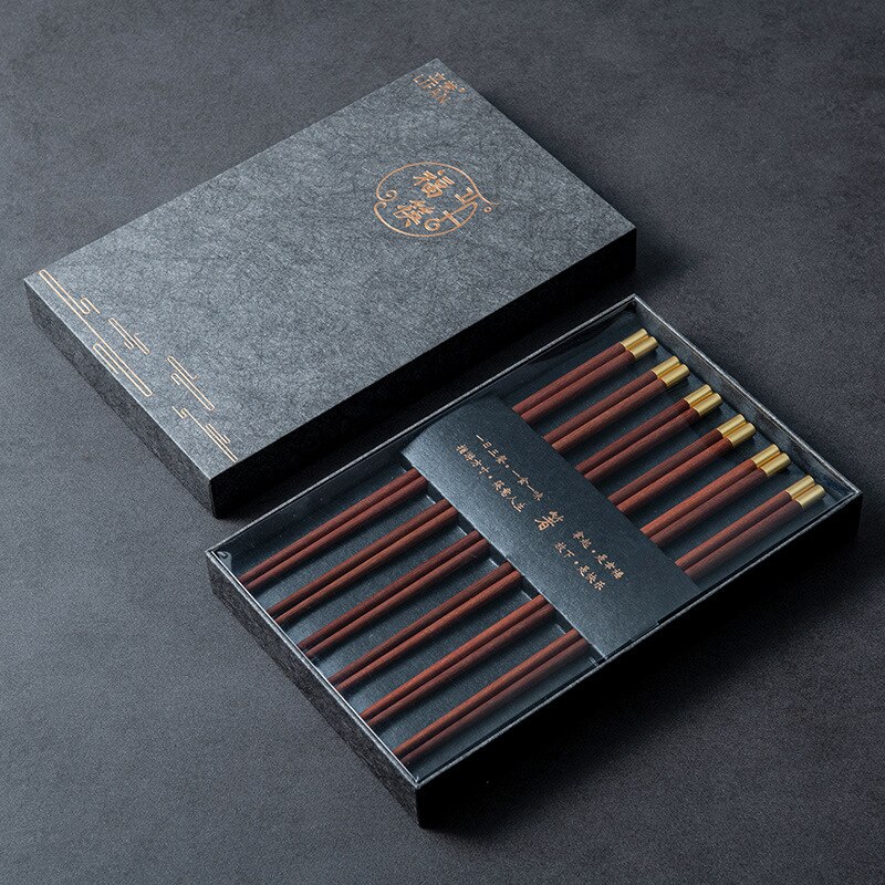 VIP Boutique Box 5 Pairs Red Sandalwood Chopsticks 5PCS Chopstick Rest Solid Wood Pure Copper&quot;FU&quot; Chopsticks Top: 6Pairs RedSandalwood