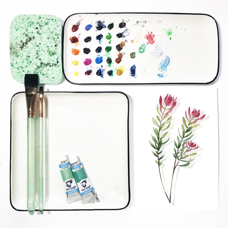 Ceramic watercolor palette rectangular multi-grid white porcelain palette art supplies paint palette with lid