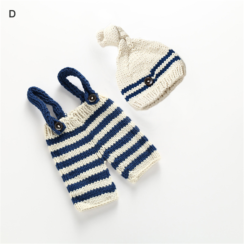 Baby foto kostume tøj nyfødte piger drenge fotografering rekvisit hæklet strik overall smækbukser + hat 2 stk sæt stribede outfits