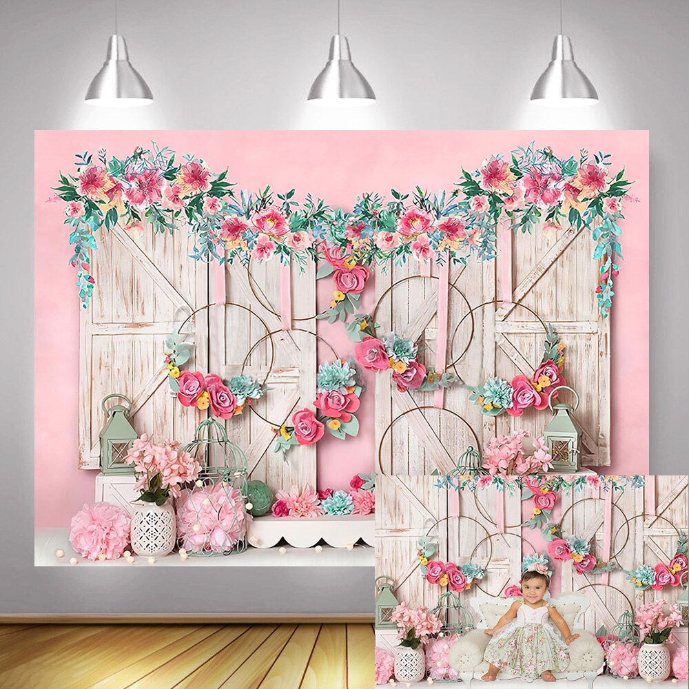 Doux -né Portrait toile de fond fille anniversaire photographie arrière-plan accessoires artistique Photocall rose fleurs bois Photo Shoot