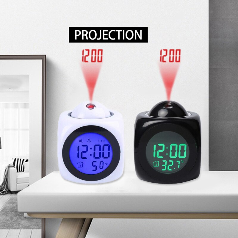 Hem projicerande väckarklocka stor display tid datum temperatur projektor digital färgglad bakgrundsbelysning bord klocka väder lcd