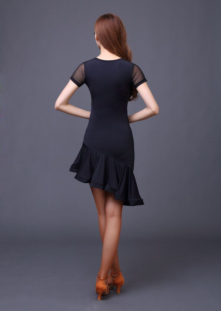 Jupe de danse latine noire pour femme, tenue d'entraînement, Performance, manches courtes