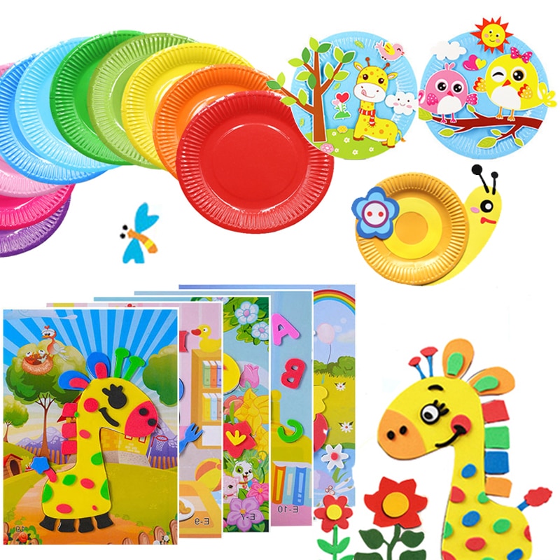 1/7/10Pcs Children 1/2/5 Paper Plate sets 3D DIY Handmade Toys 5 EVA Stickers Material Kids Kindergarten Art Educational Toys