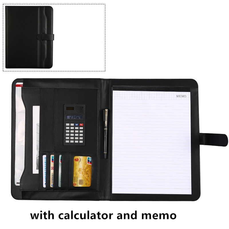 File Organizer Portfolio Folder Document Bags PU Leather Notepad Multi-function Card Holder Pen File Clip Calculator Memo: black-D