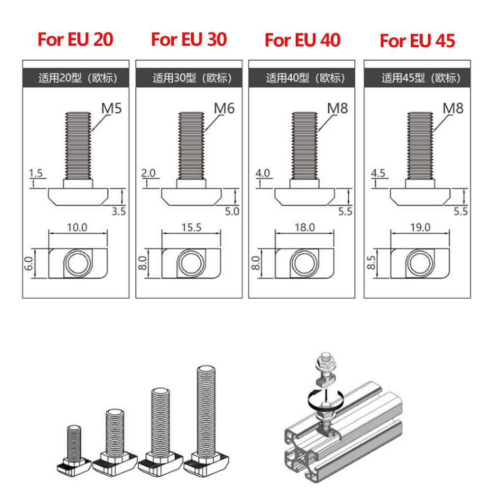 50 pçs/lote M5x12 M5x16 M5x20 T Parafusos Parafuso para o Padrão DA UE 2020 Trilho Linear Perfil De Alumínio, 50 pcs M5 Porcas Da Flange do Hex Opcional