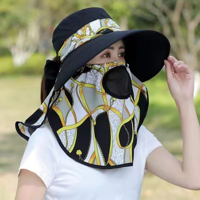 Sommer Frauen breite Krempe Gartenarbeit Schatten Hut Gesichts maske abnehmbare Sonnenhut Outdoor-Druck atmungsaktive Fischer Hut UV-Schutz