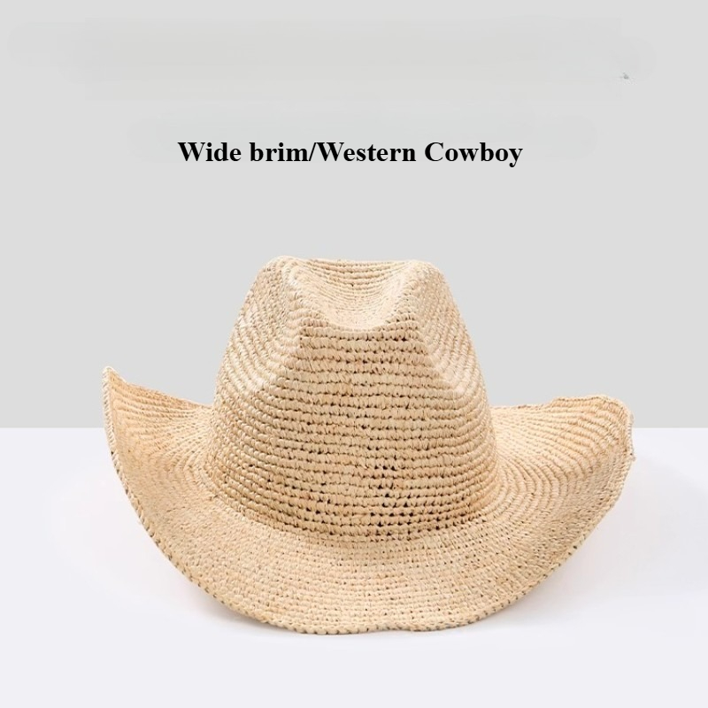 Chapéu de sol de palha de ráfia feito à mão para mulheres chapéu de cowboy de crochê de aba larga com velcro ajustável e fio de memória chapéu de praia de verão