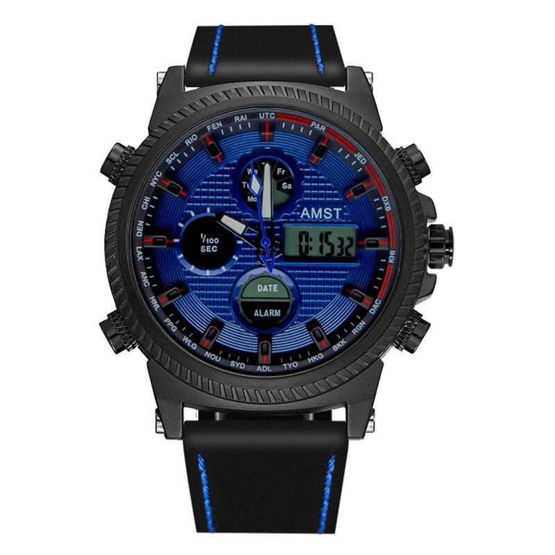 Relojes militares AMST de 50M, Relojes LED con correa de cuero resistente al agua, relojes de cuarzo de lujo de la mejor para hombre, reloj Masculino: black blue face
