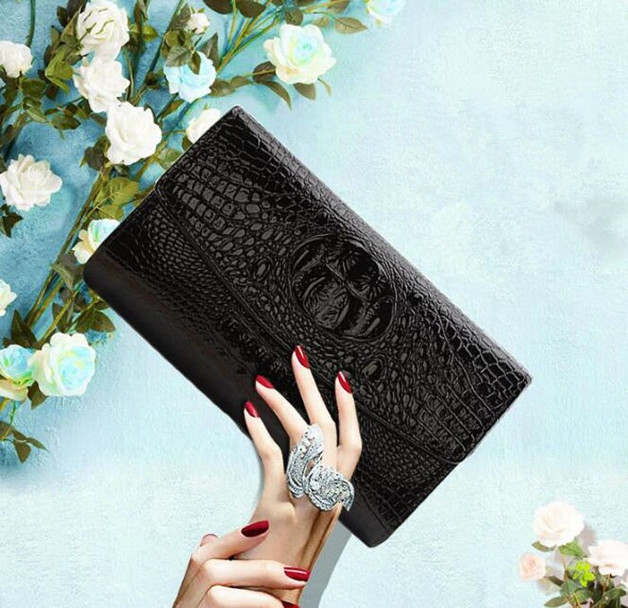 Pochette Alligator pour femmes 28x14cm, sac à main avec chaîne en or, pochette de fête: 5