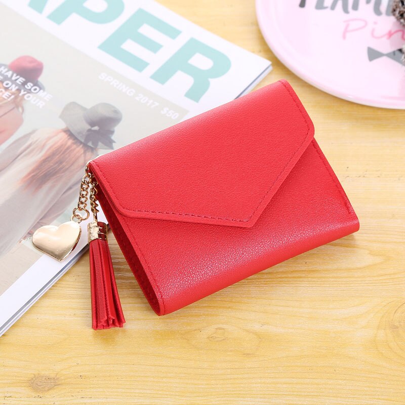 Cartera de cuero Pu con borlas para mujer, cartera con colgante, Portable, con botón, para tarjetas: red