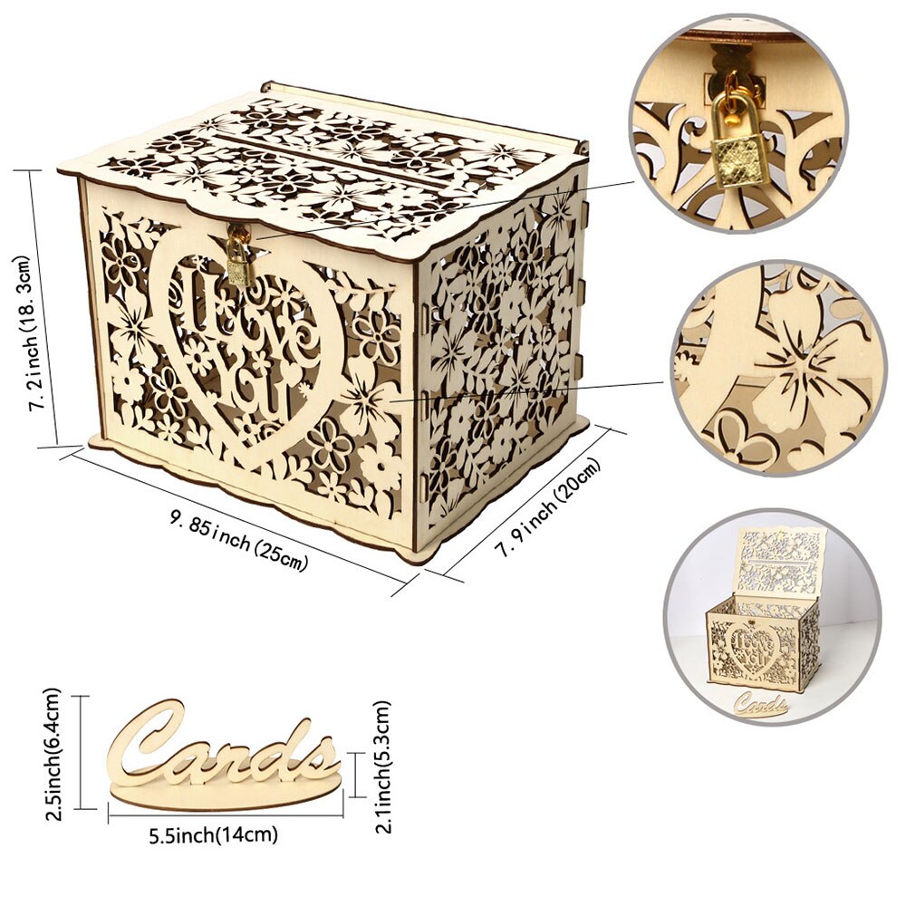 Houten doos voor trouwkaarten, bruiloftbenodigdheden, doe-het-zelf, paar, hert, vogel, bloemenpatroon, raster, visitekaartje, houten doos: Jm01321 kleine
