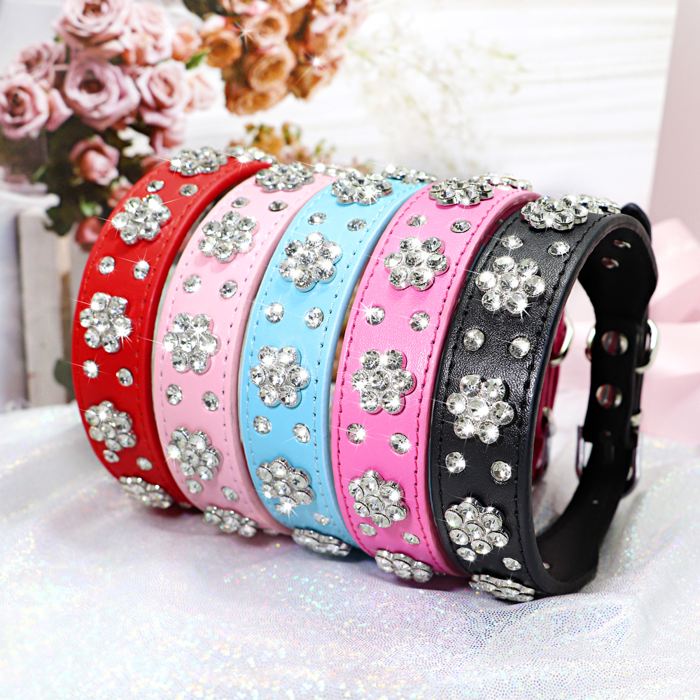 Rhinestone Dog Collar Leather Dog Collars With Bling Crystal Puppy Pet Collars Adjustable For Small Medium Dogs Chihuahua Beagle