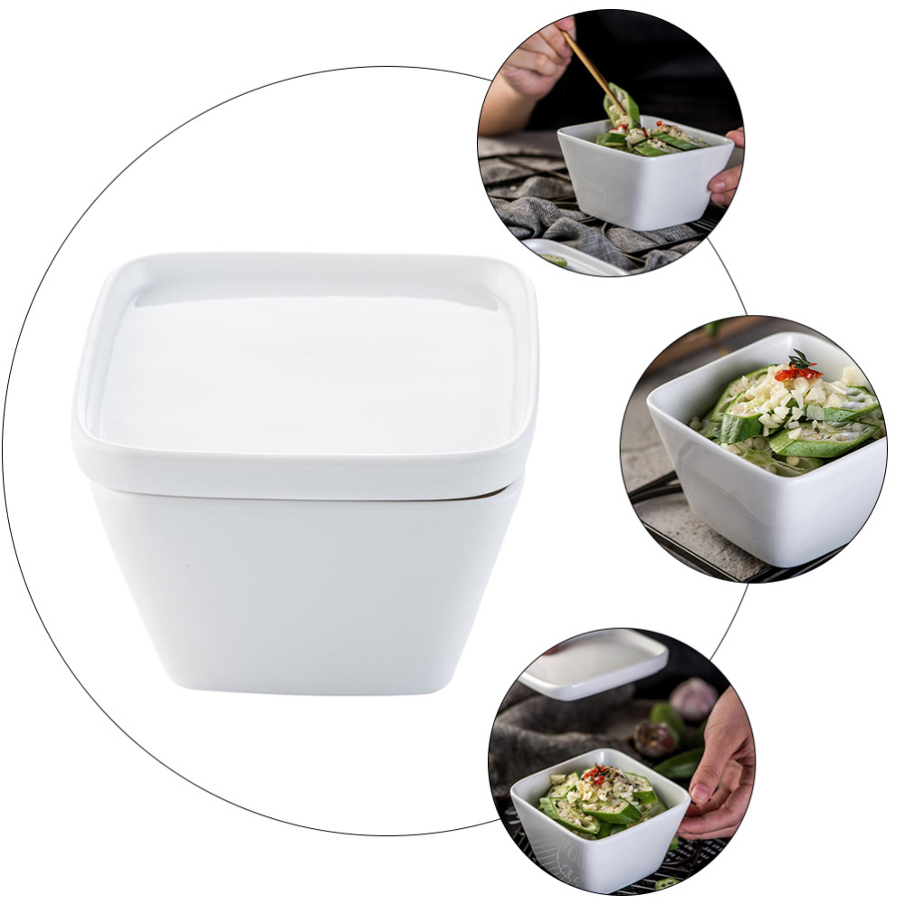 1pc Ceramic Square Shape Bowl with Lid Salad Seasoning Container for Home (White)