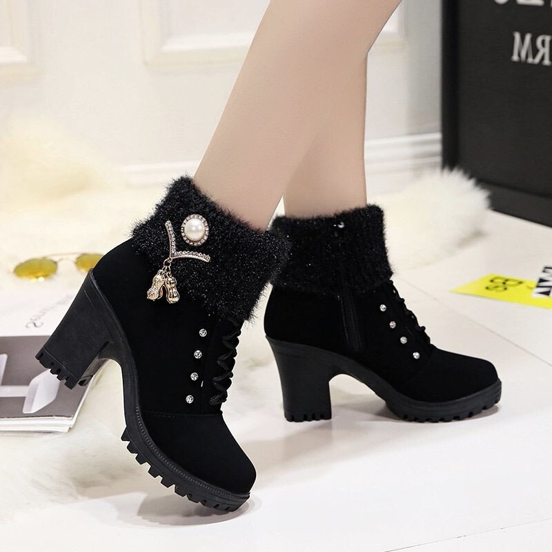 Herfst winter warme korte pluche laarzen dames parel kristal vierkante hakken enkellaarsjes vrouw patchwork gebreide laarsjes