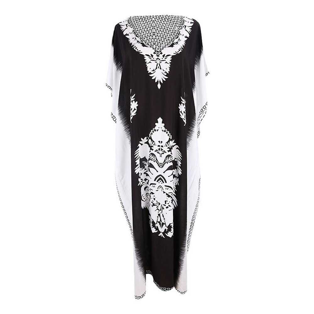 Bohemian Strand Jurk Plus Size Print Beach Cover Up Lange Katoenen Tuniek Batwing Mouw Sarong Vintage Beachwear