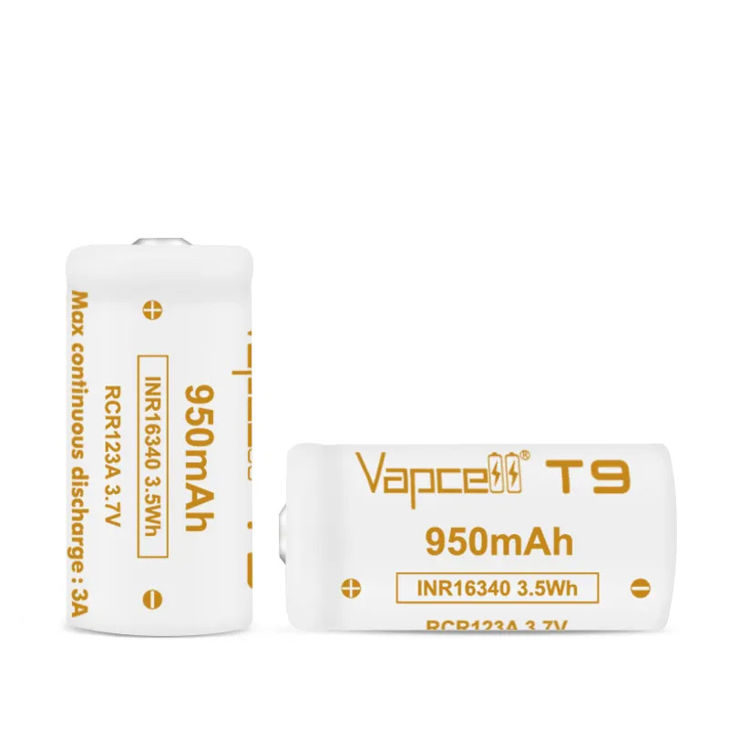 Højkapacitets vapcell  t9 inr 16340 batteri 950 mah 3a 3.7v knap top genopladeligt batteri udskifter rcr 123a celler til lommelygte